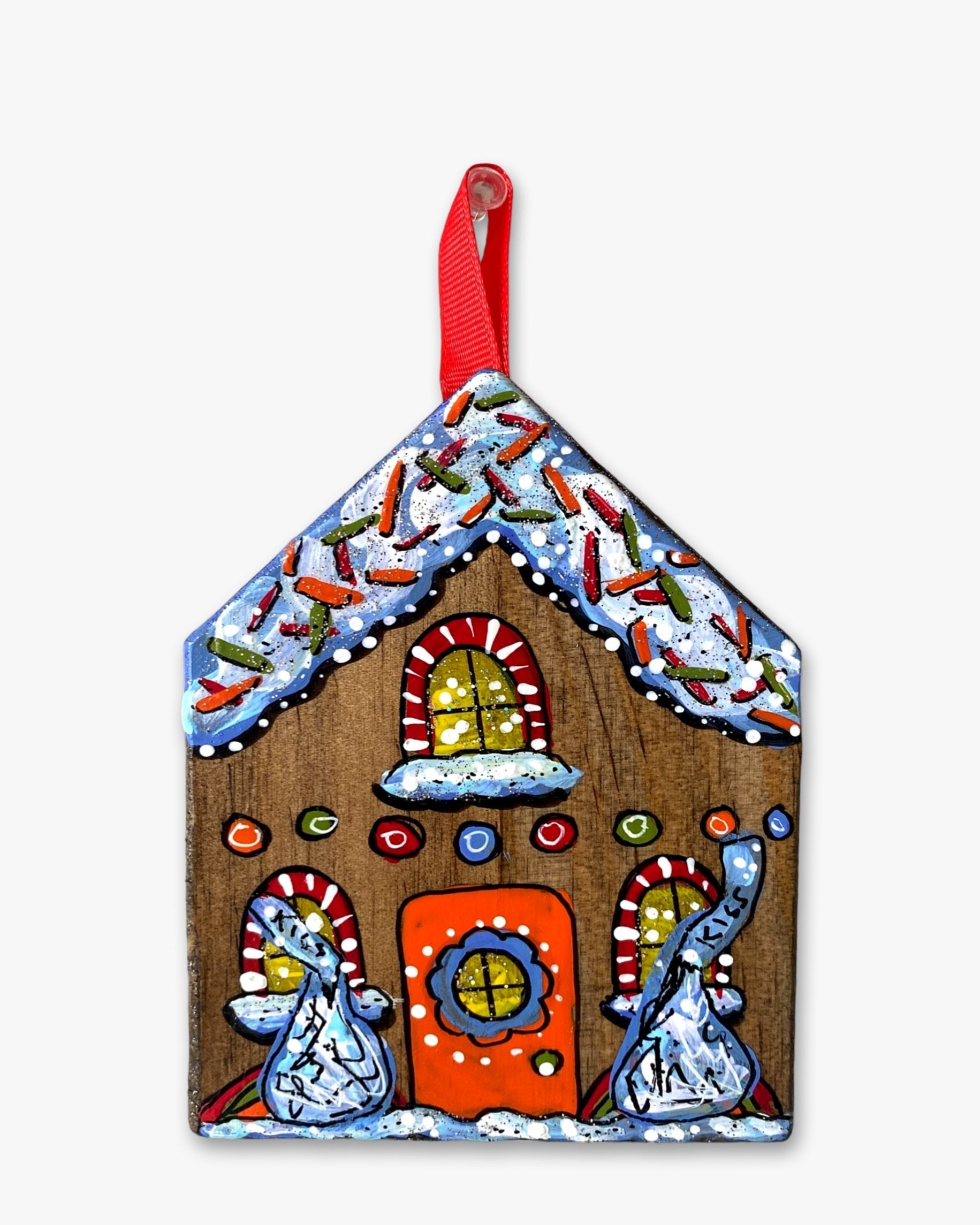 Kiss Vintage Rainbow Gingerbread House - Hand Painted Ornament - Heather Freitas - fine art home deccor