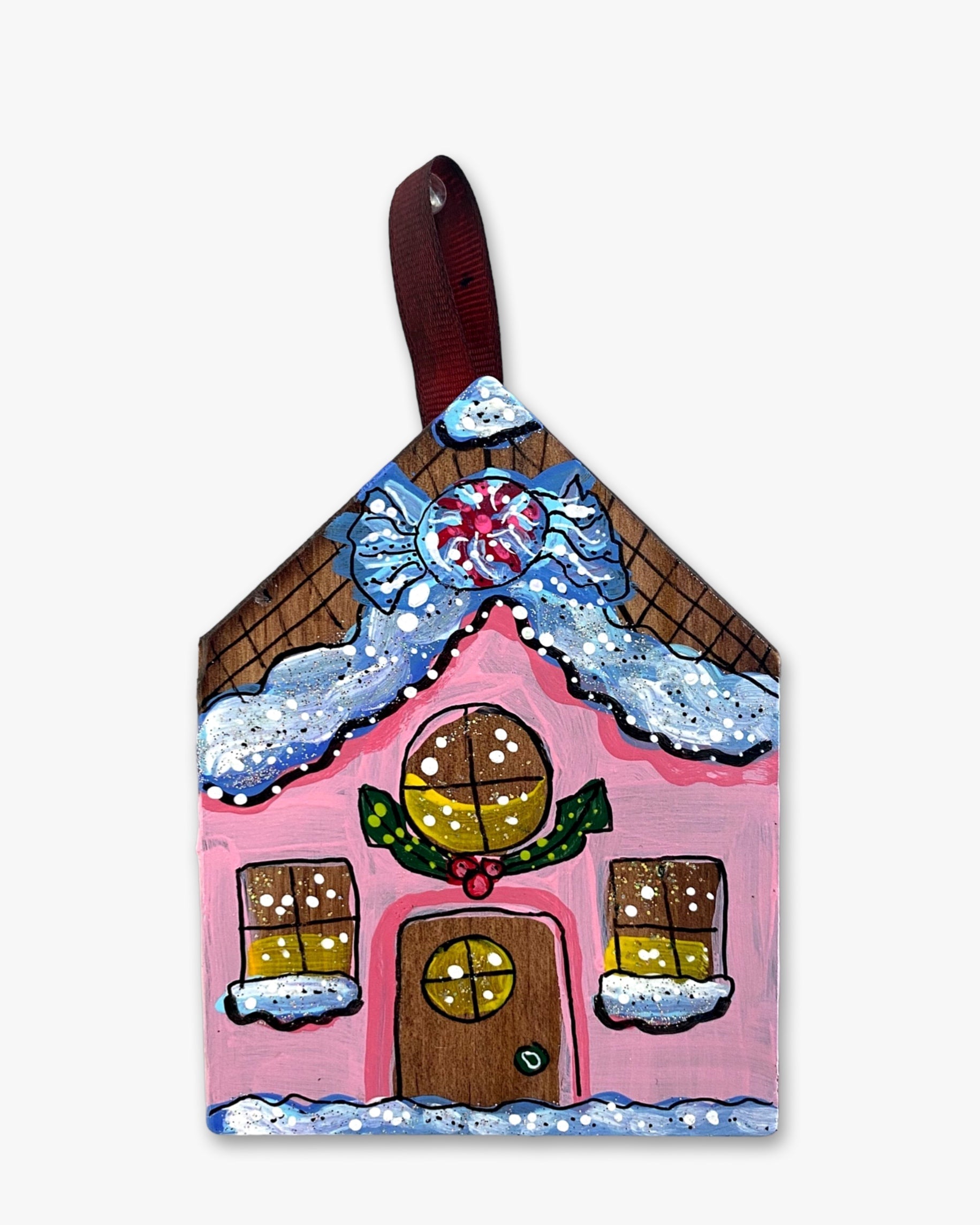 Peppermint Pink Frosting Gingerbread House - Hand Painted Ornament - Heather Freitas