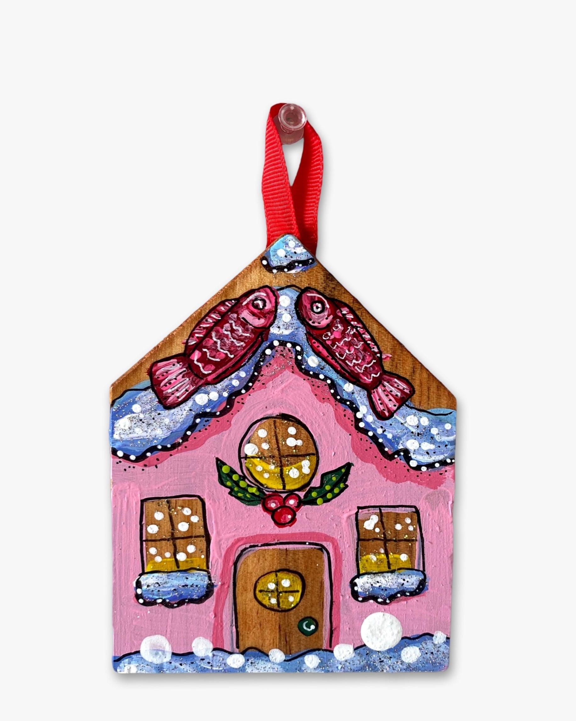 Pink Fish Frosting Gingerbread House - Hand Painted Ornament - Heather Freitas