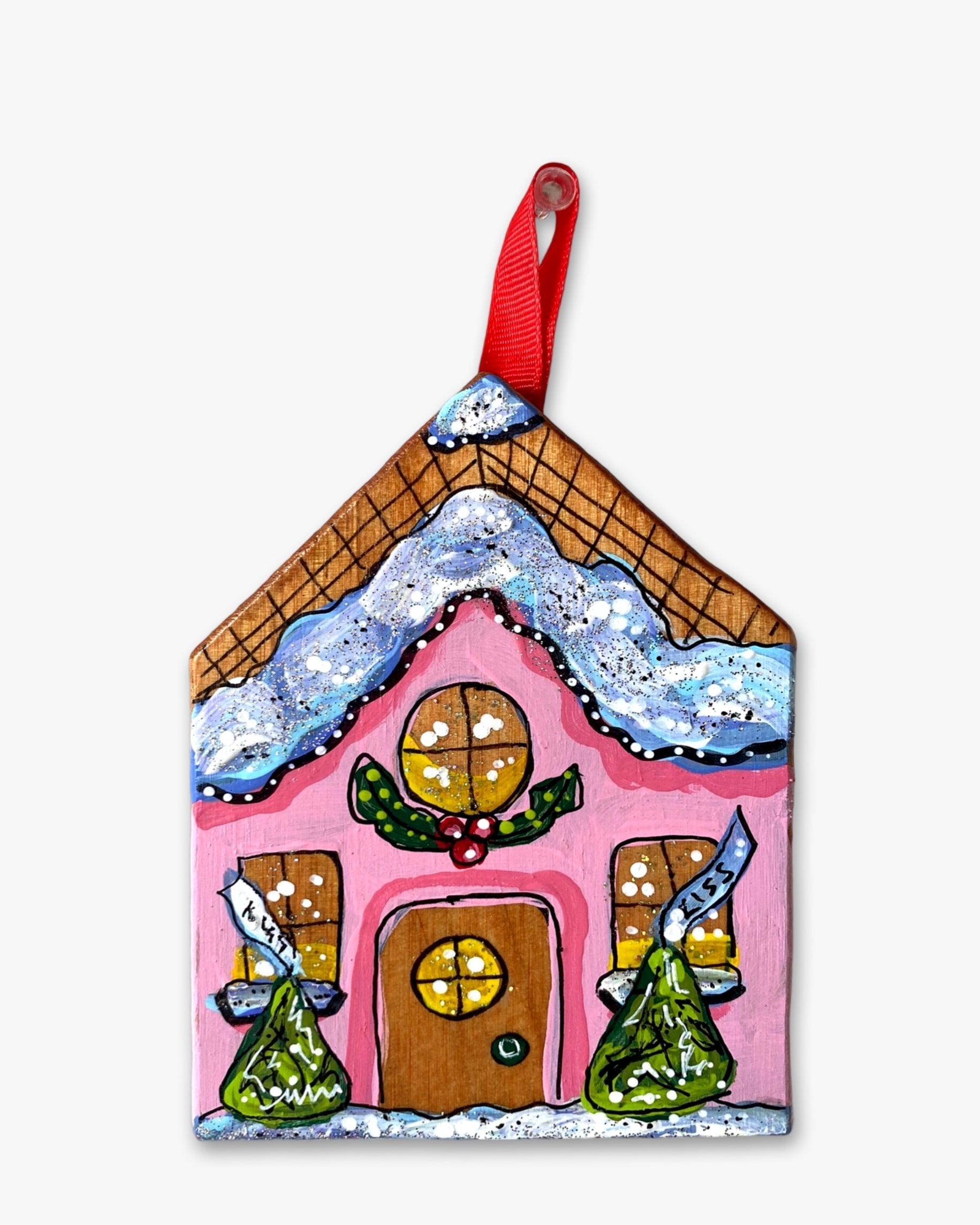 Pink Kiss Frosting Gingerbread House - Hand Painted Ornament - Heather Freitas