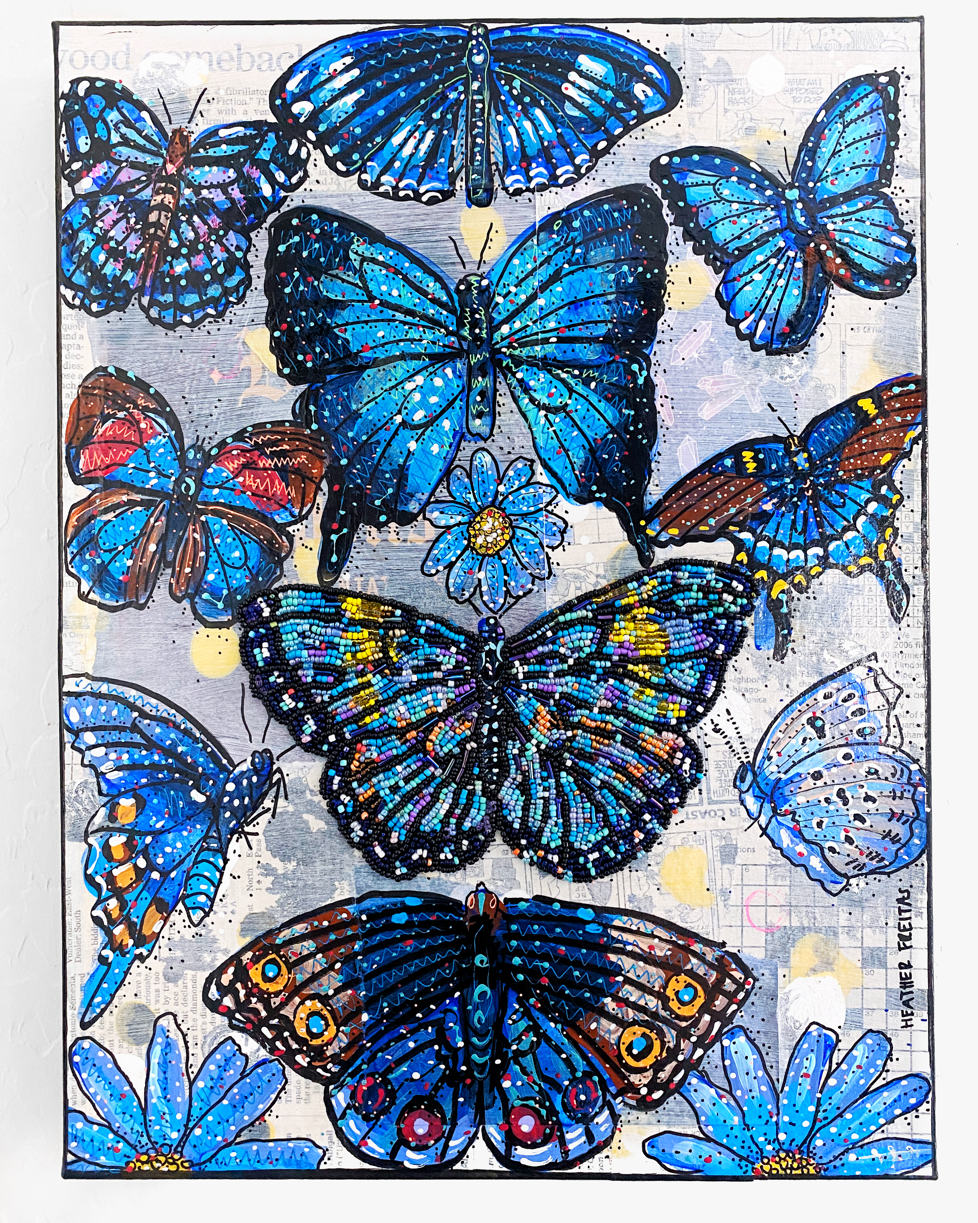 Specimen Blue - Painting With Beaded Butterfly Embellishment - Heather Freitas
