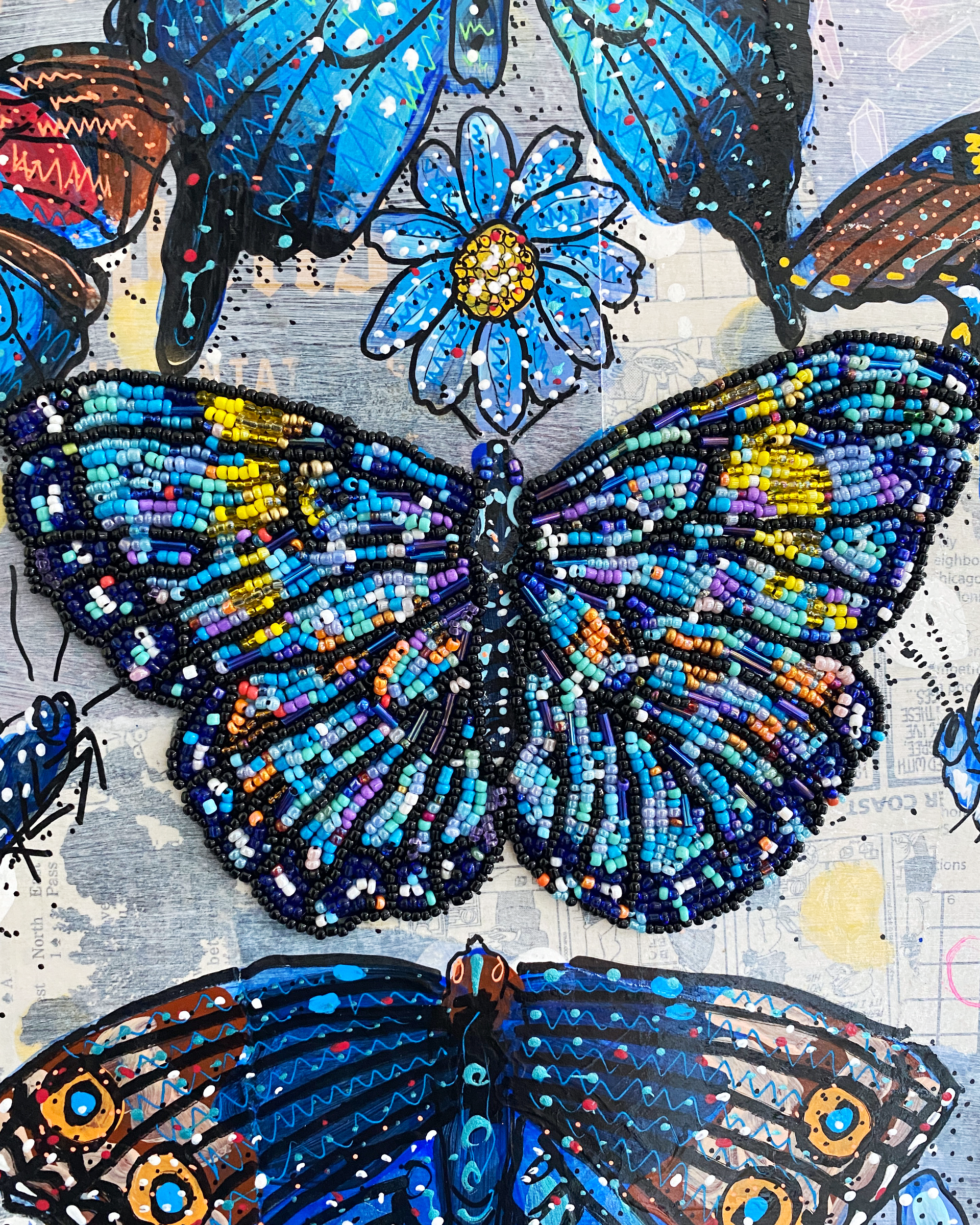 Specimen Blue - Painting With Beaded Butterfly Embellishment - Heather Freitas