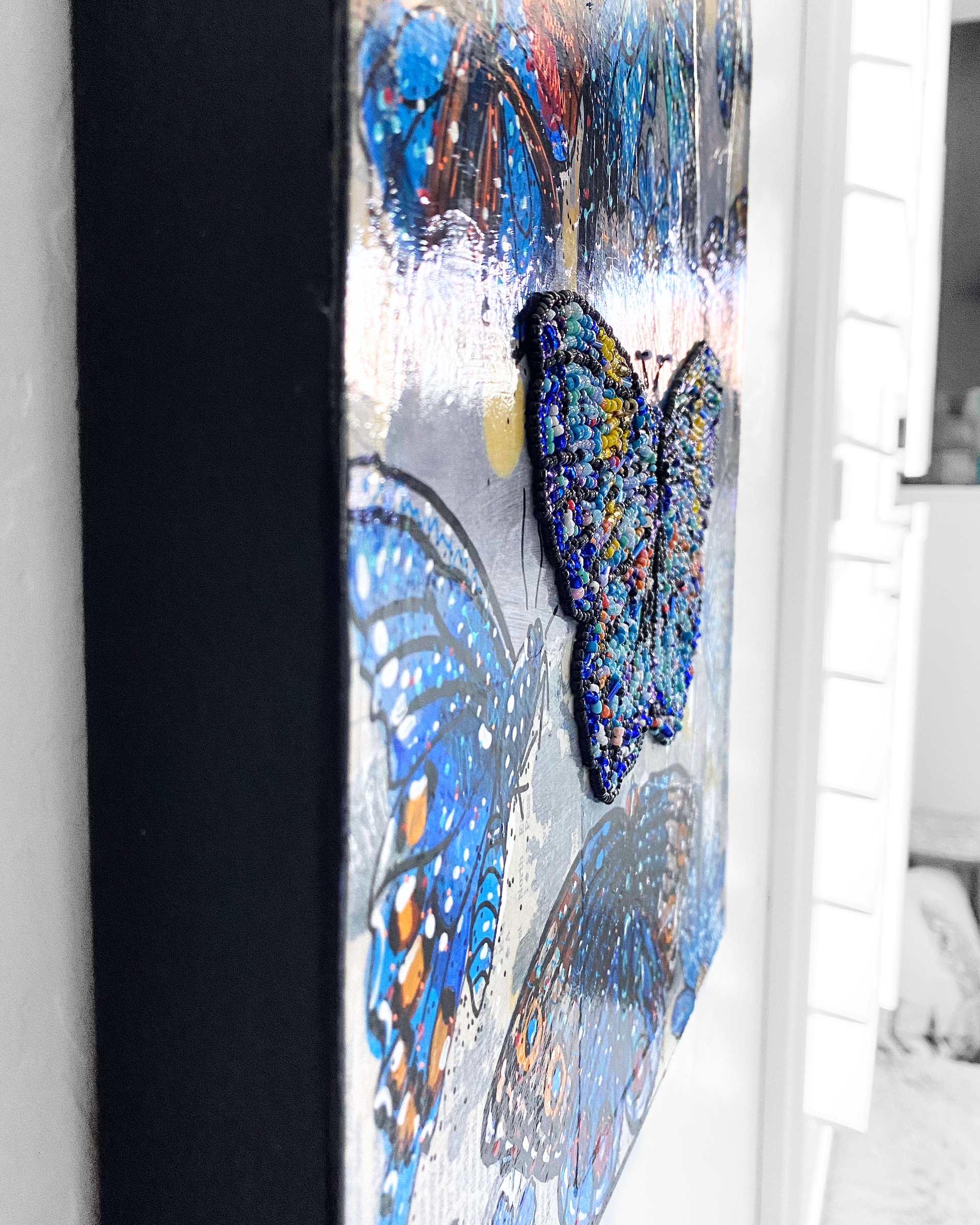 Specimen Blue - Painting With Beaded Butterfly Embellishment - Heather Freitas