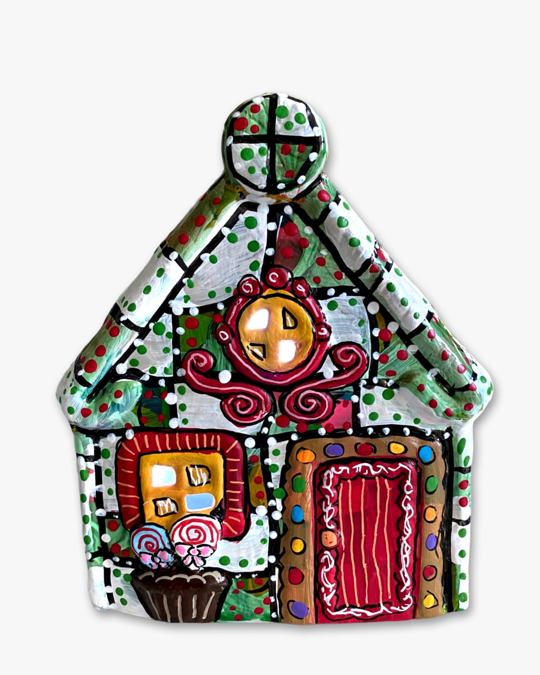 The Gingerbread House Green & White Hand Painted Ceramic LED Christmas Village House - Heather Freitas