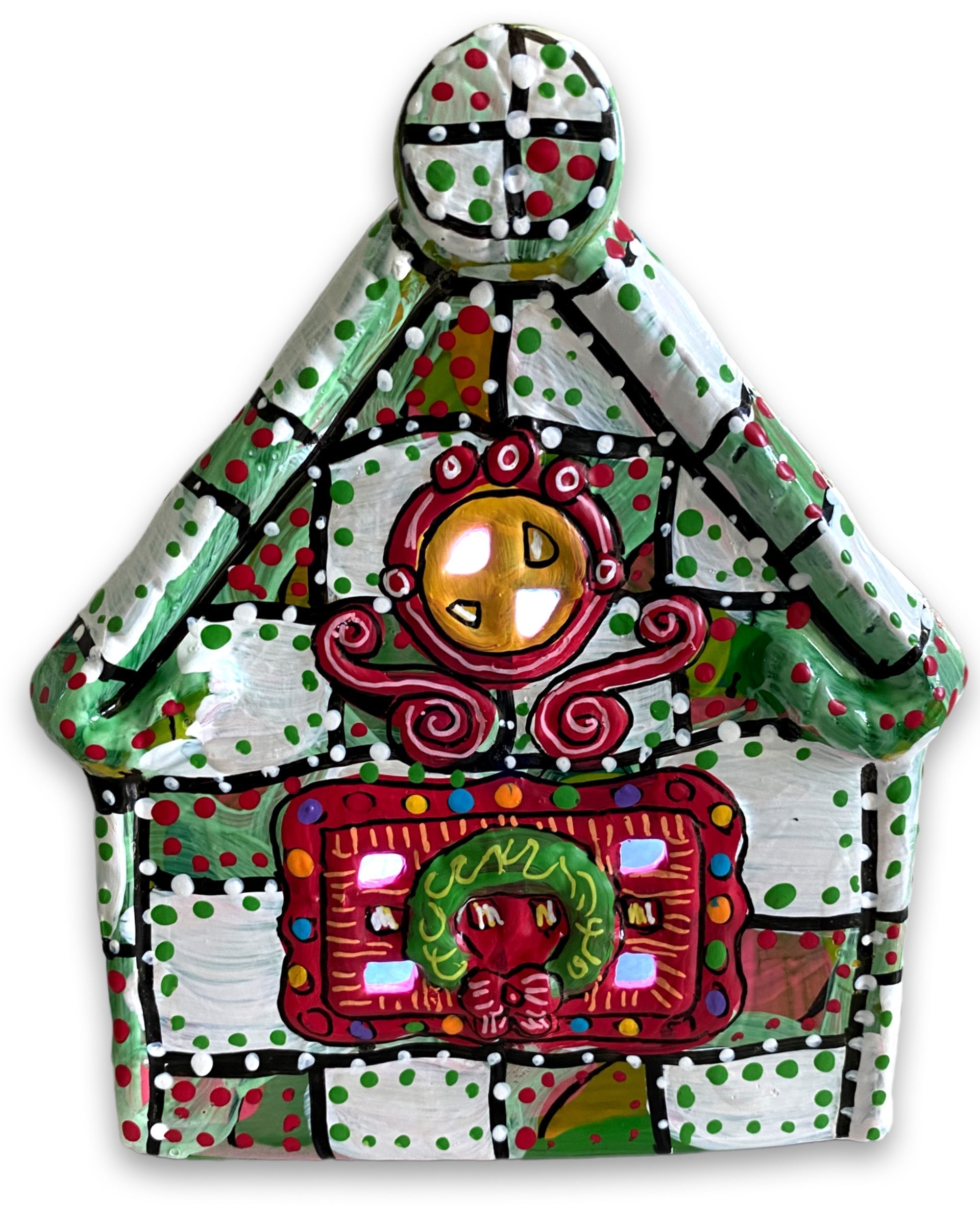 The Gingerbread House Green & White Hand Painted Ceramic LED Christmas Village House - Heather Freitas
