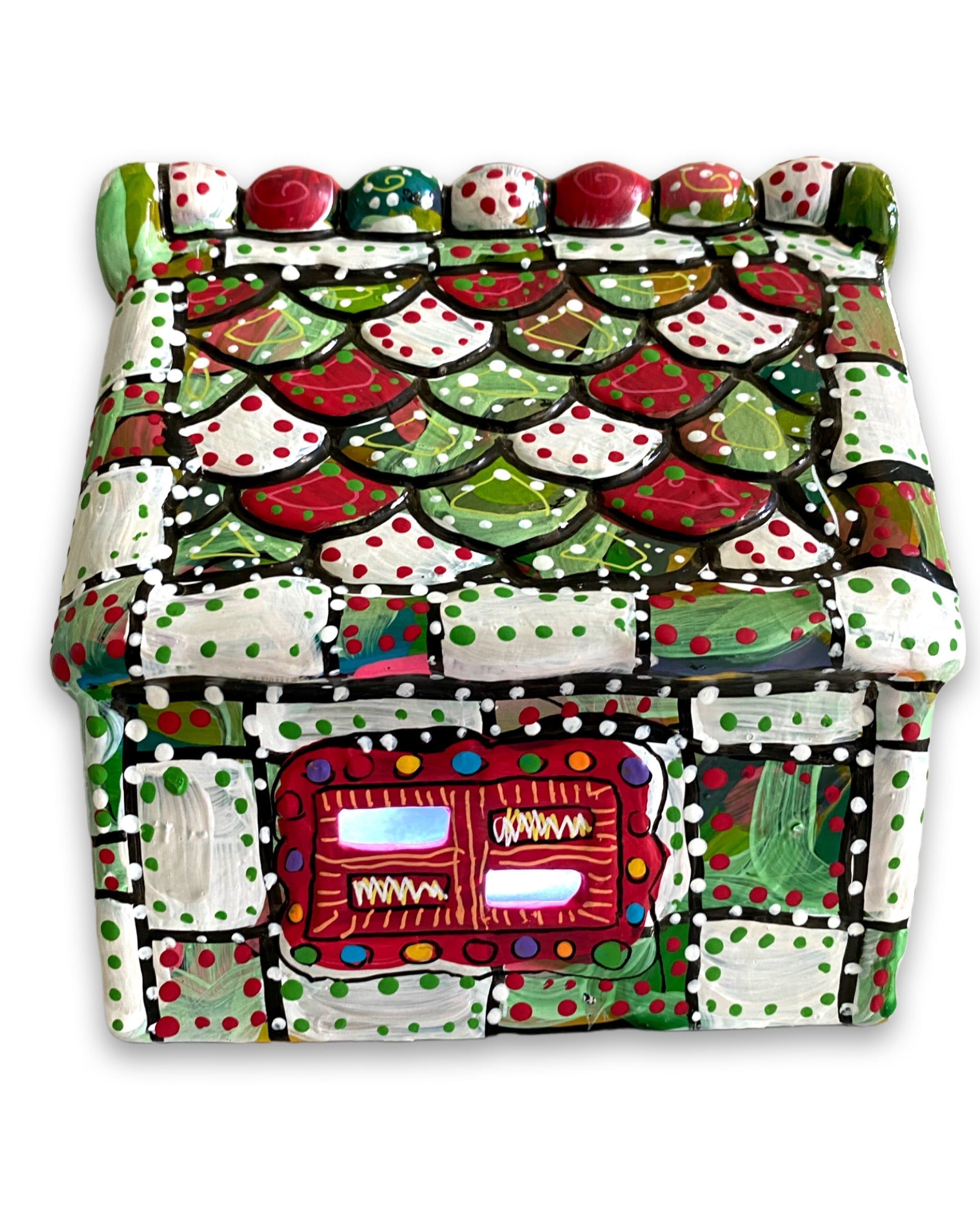 The Gingerbread House Green & White Hand Painted Ceramic LED Christmas Village House - Heather Freitas