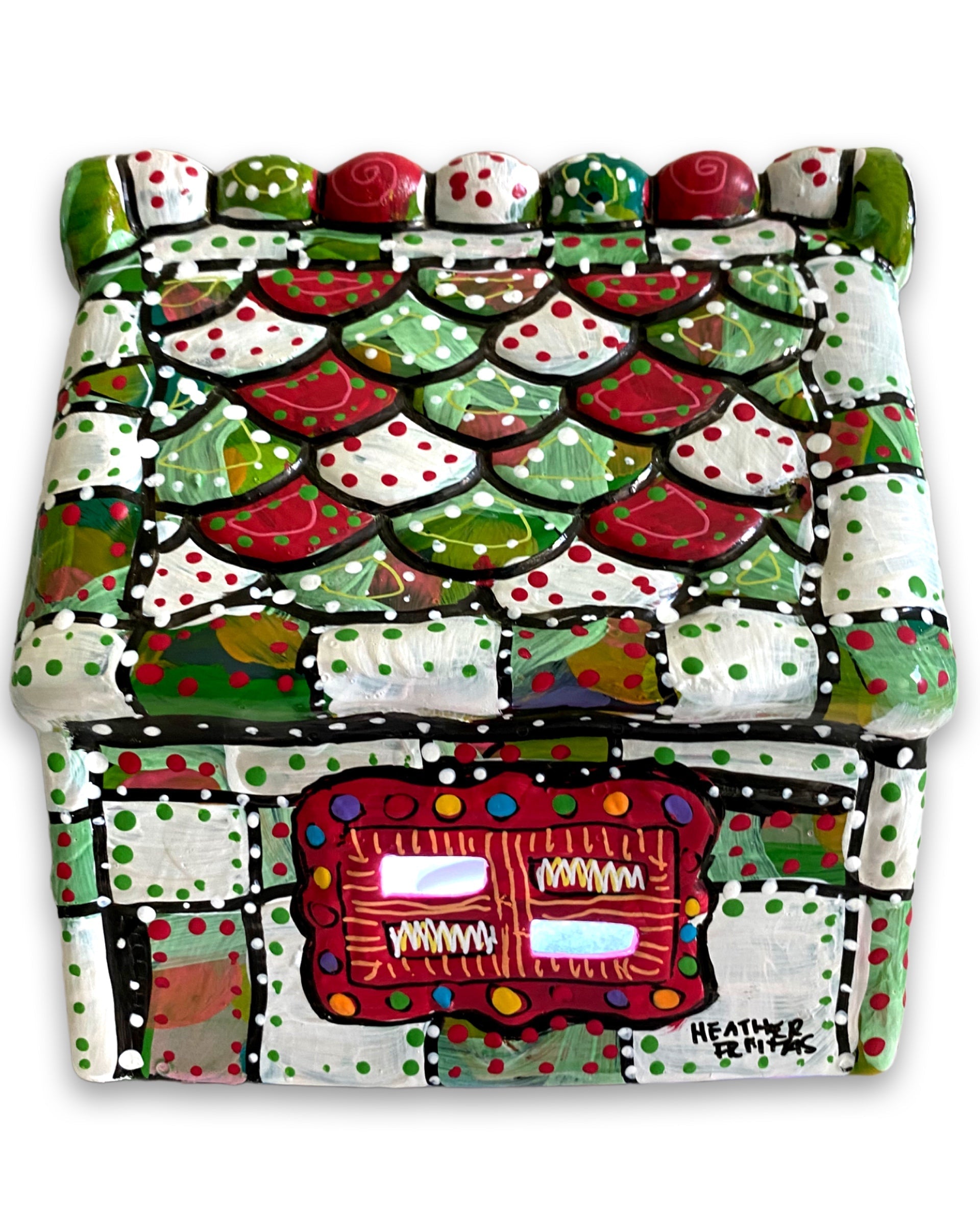 The Gingerbread House Green & White Hand Painted Ceramic LED Christmas Village House - Heather Freitas