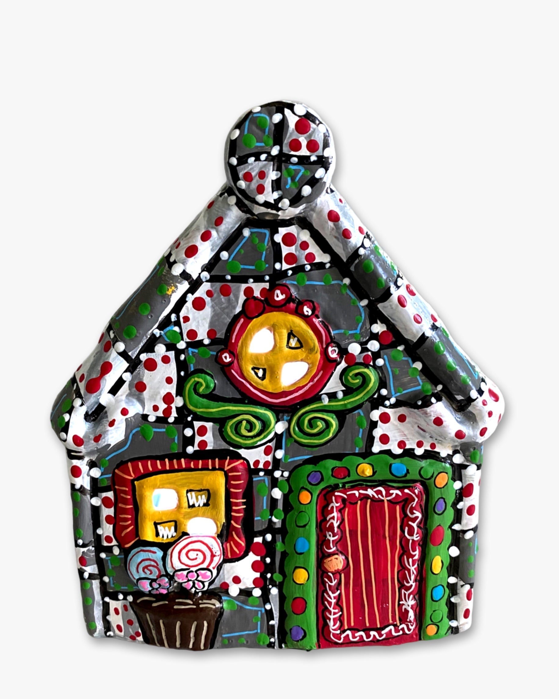The Gingerbread House Grey & White Hand Painted Ceramic LED Christmas Village House - Heather Freitas