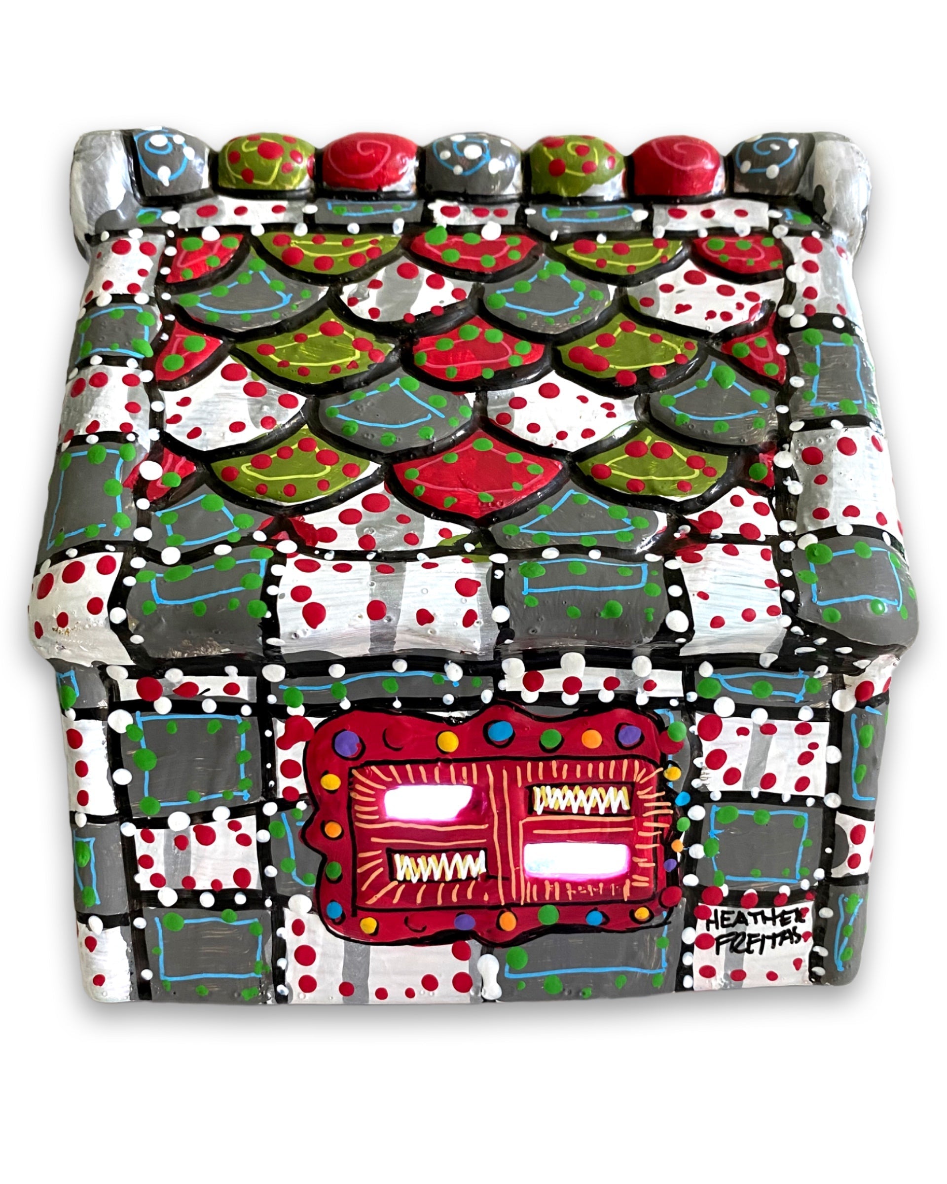 The Gingerbread House Grey & White Hand Painted Ceramic LED Christmas Village House - Heather Freitas