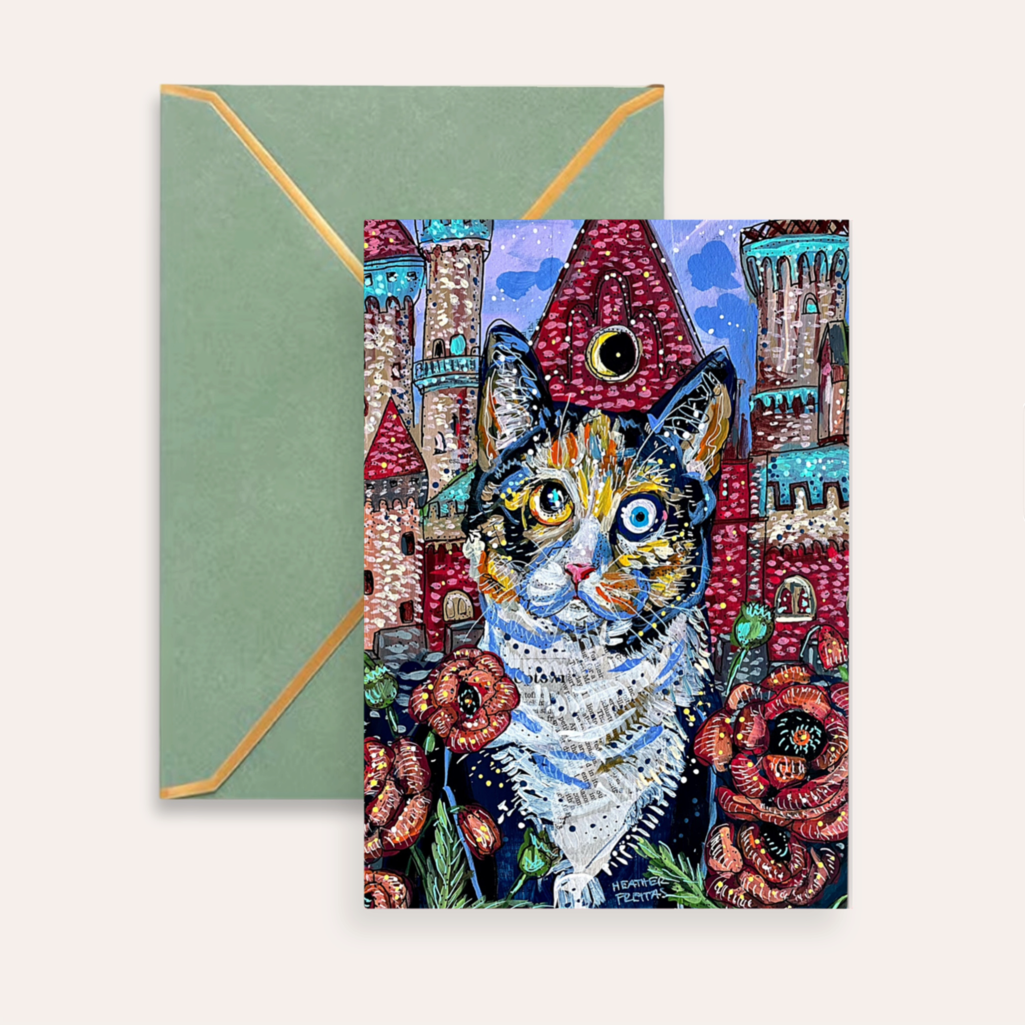 Poppy Castle Cat Fine Art Greeting Card