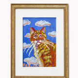 Orange Tabby In The Clouds ( Framed Original Oil Pastel Art )