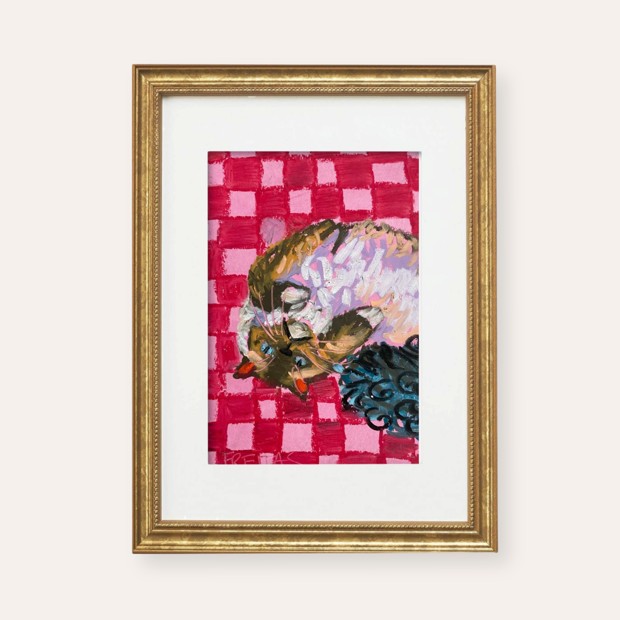 Check Cat ( Framed Original Oil Pastel Art )