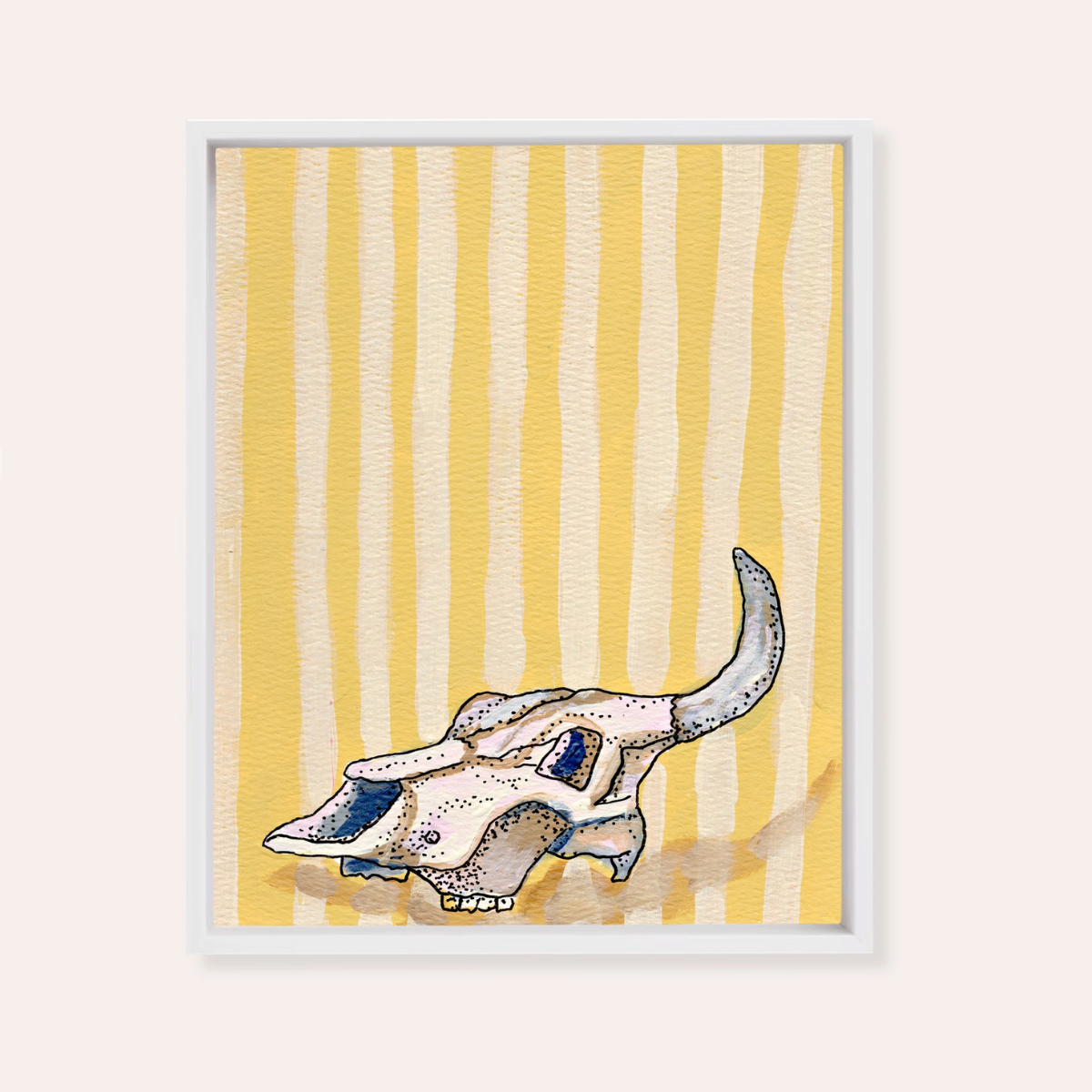 Yellow Stripe Cow Skull Framed Fine Art Canvas Print