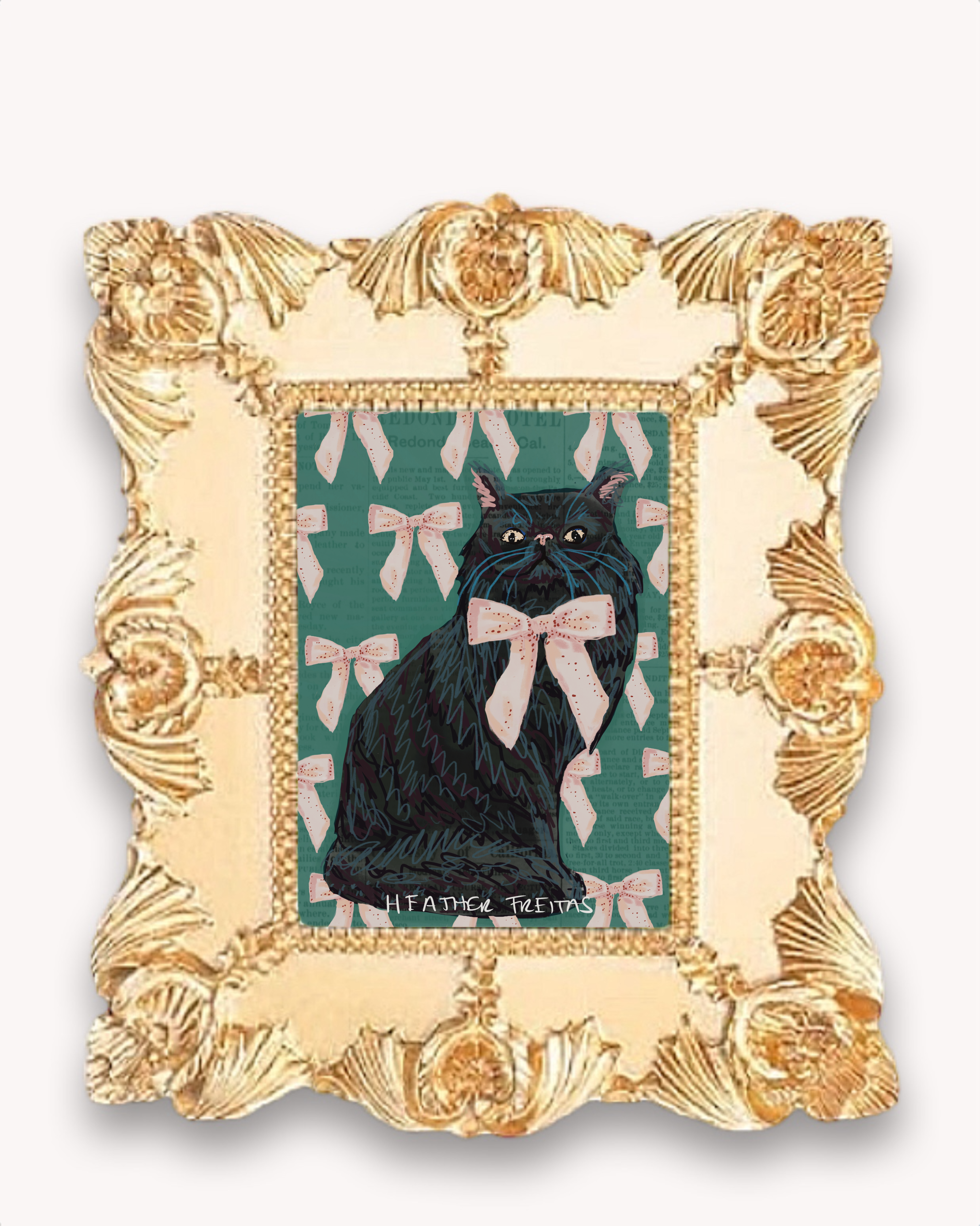 Black Persian Cat With Bow Framed Magnet ( Small )
