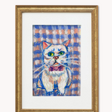 Chubby Plaid Cat ( Framed Original Oil Pastel Art )
