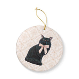Black Cat With Ribbon Ceramic Ornament