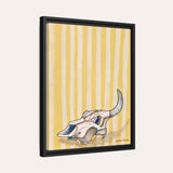 Yellow Stripe Cow Skull Framed Fine Art Canvas Print