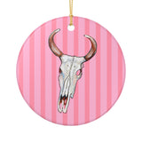 Pink Stripe Cow Skull Ceramic Ornament
