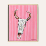 Pink Stripe Cow Skull Framed Fine Art Canvas Print