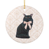 Black Cat With Ribbon Ceramic Ornament