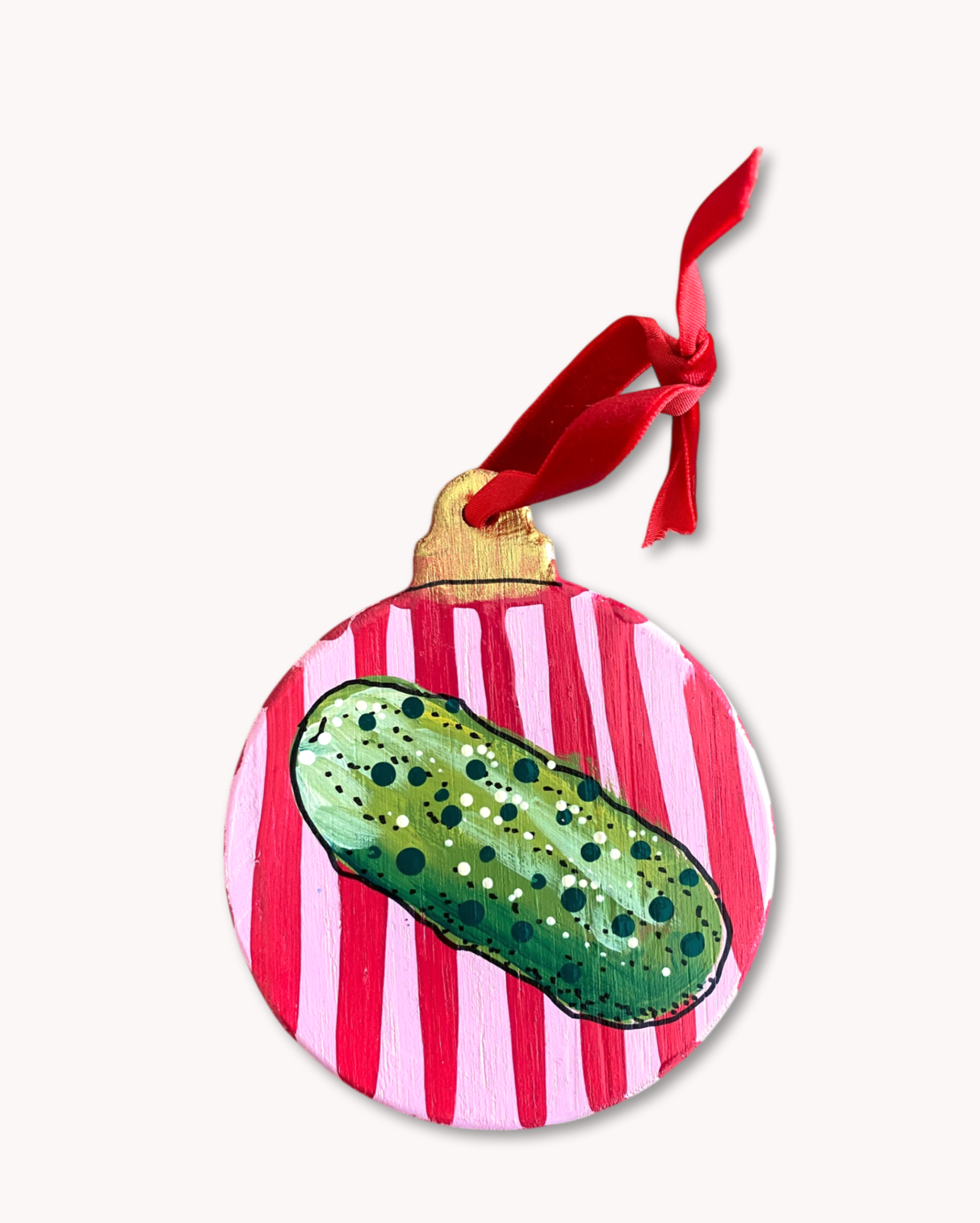 Chubby Pink Stripe Pickle Hand Painted Ornament