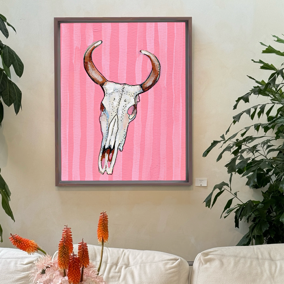 Pink Stripe Cow Skull Framed Fine Art Canvas Print