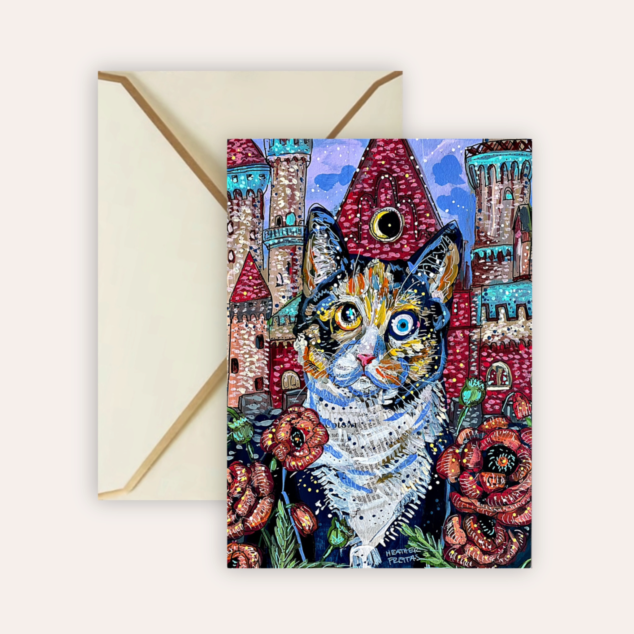Poppy Castle Cat Fine Art Greeting Card