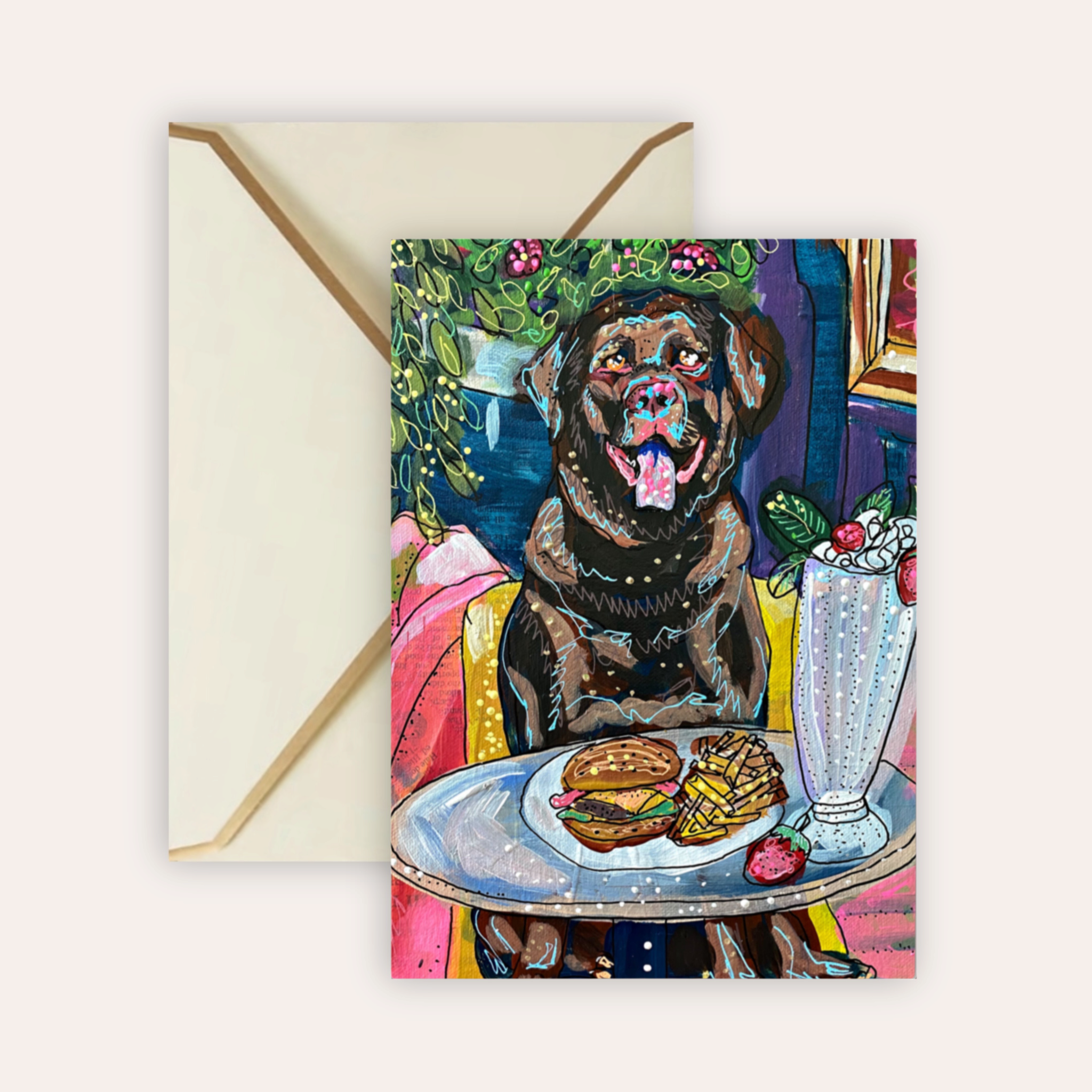 Chocolate Lab Dining Fine Art Greeting Card