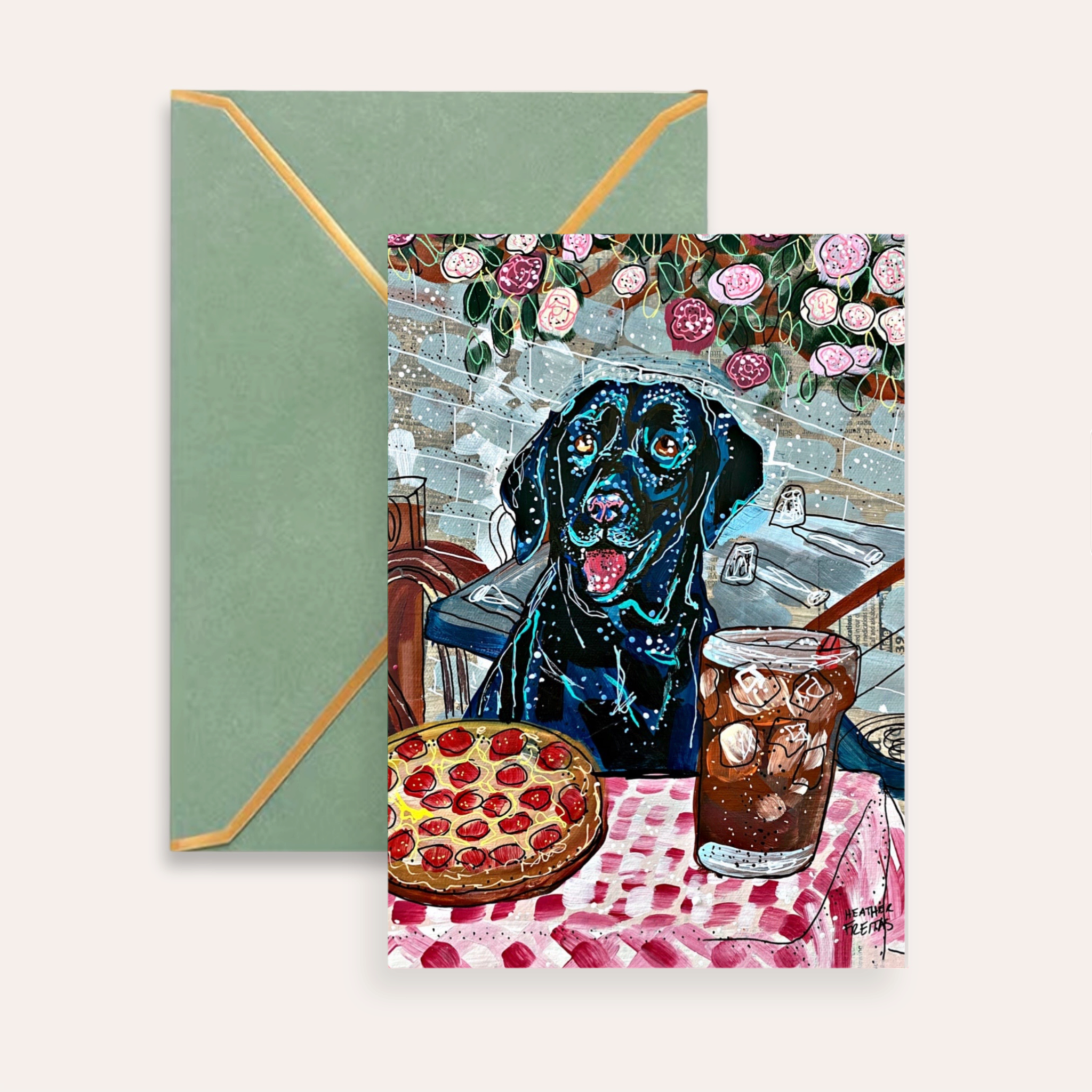 Black Labrador Dining Fine Art Greeting Card