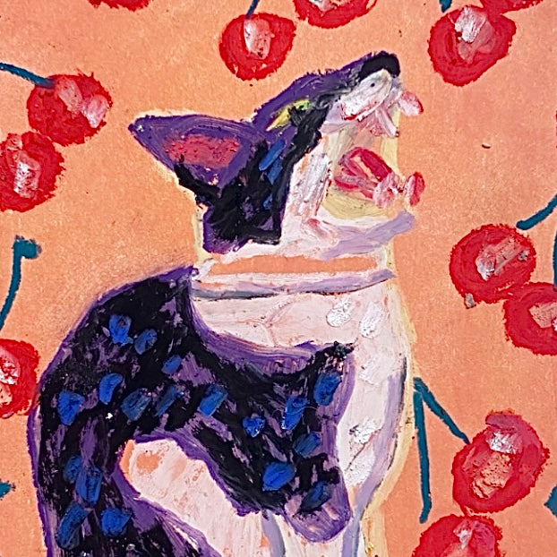 Cherry Bomb Cat ( Framed Original Oil Pastel Art )