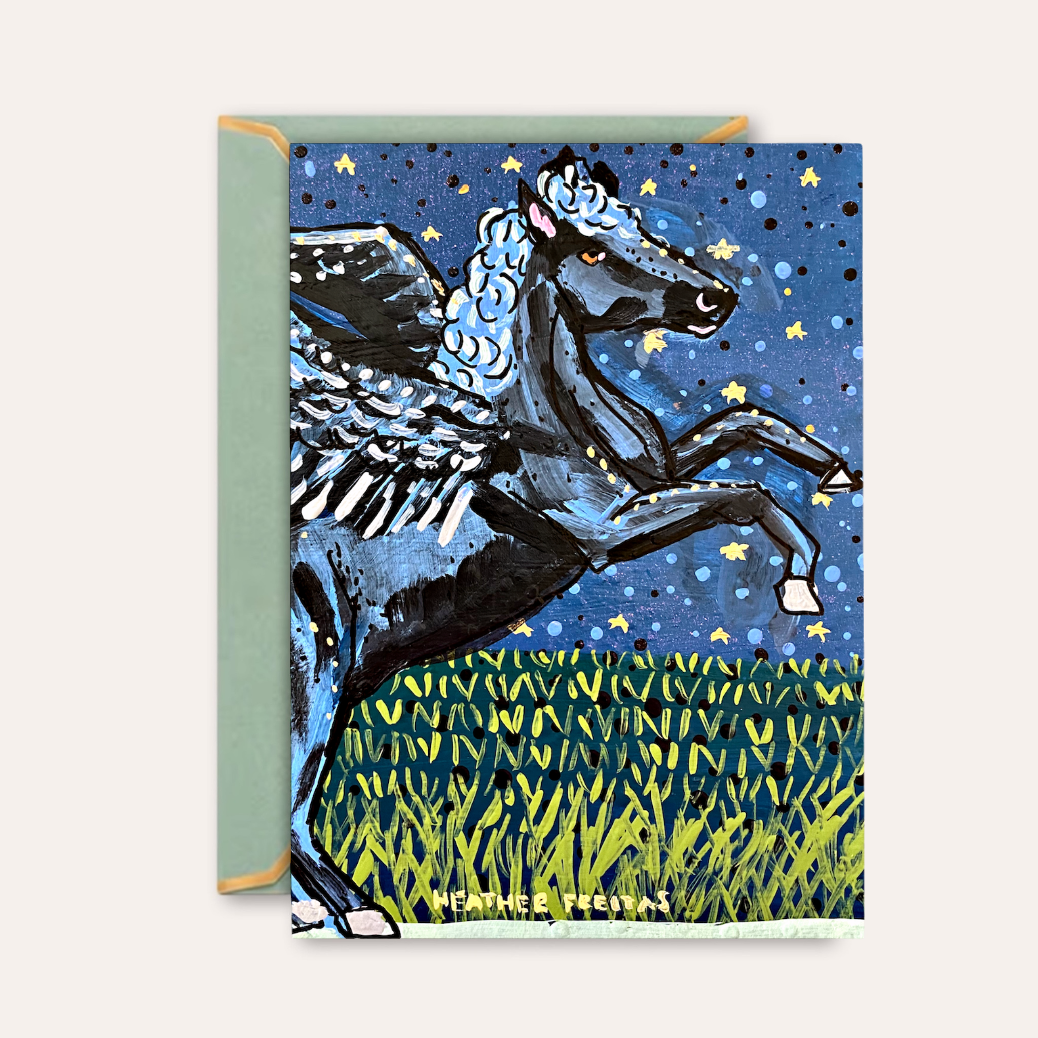 Black Pegasus Starry Night Fine Art Greeting Card