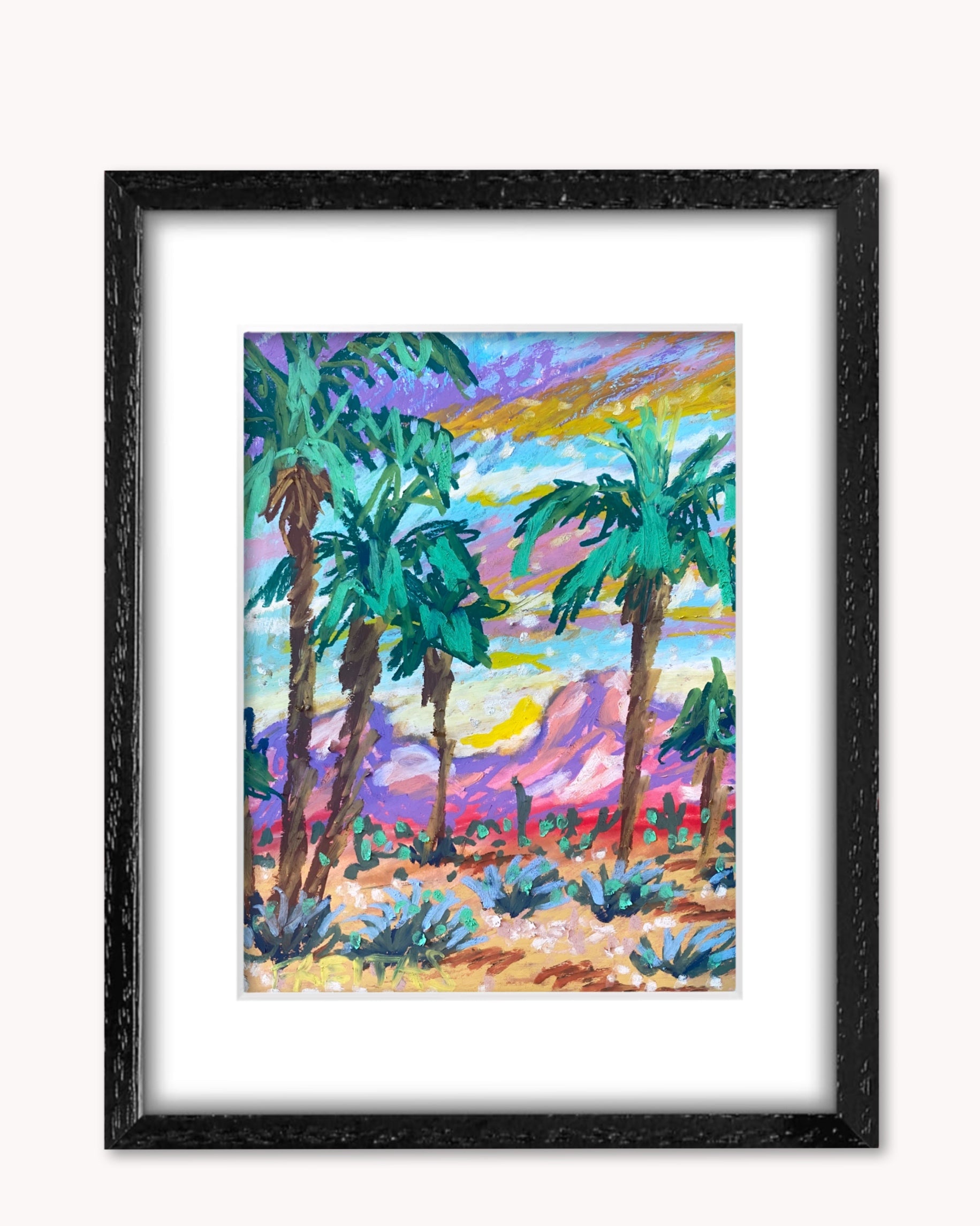 Desert Palms ( Framed Original Oil Pastel Art )
