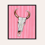 Pink Stripe Cow Skull Framed Fine Art Canvas Print