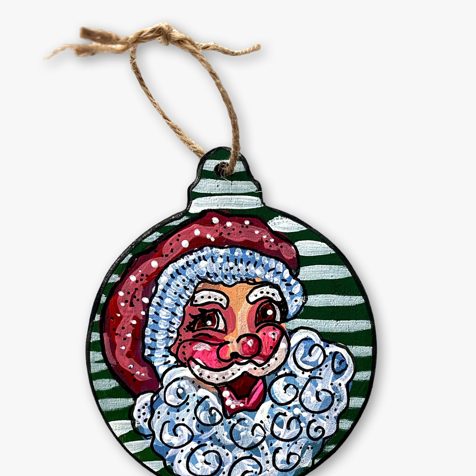 Green Santa Hand Painted Ornament - Heather Freitas - fine art home deccor