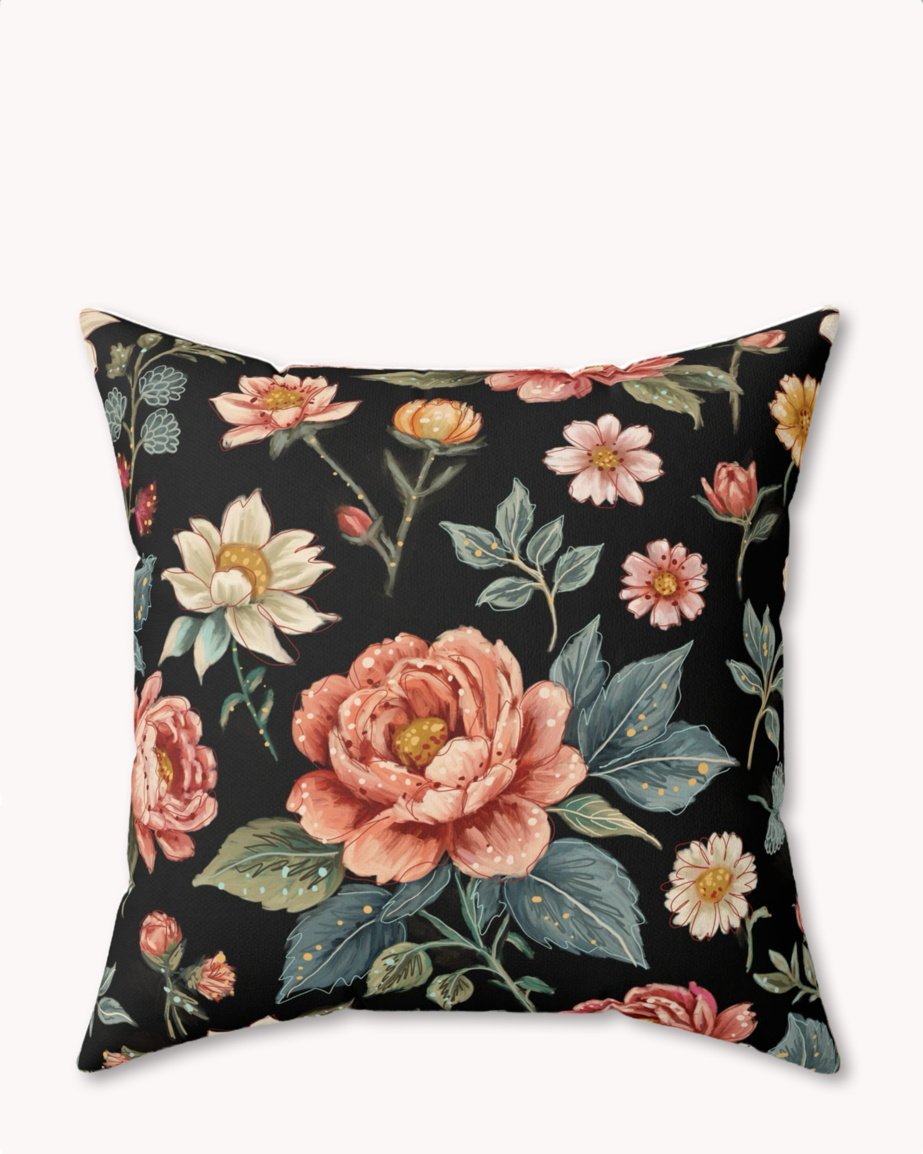 Black Vintage Floral Decorative Faux Suede Throw Pillow