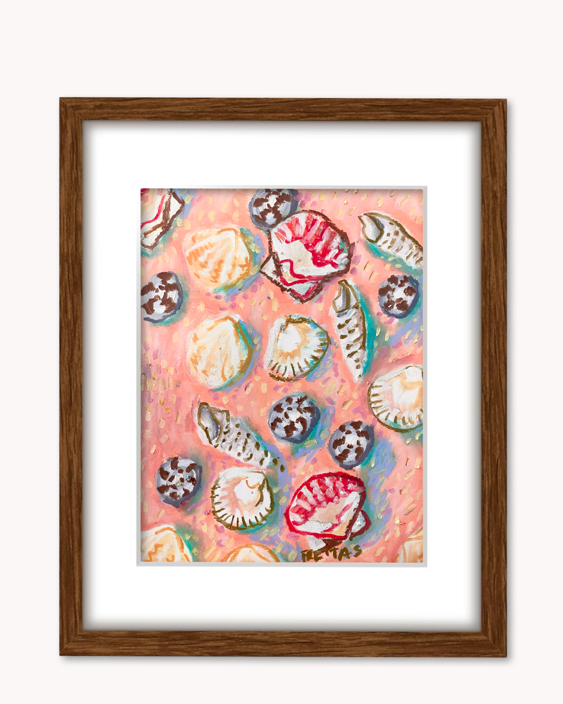 Pink Shells ( Framed Original Oil Pastel Art )