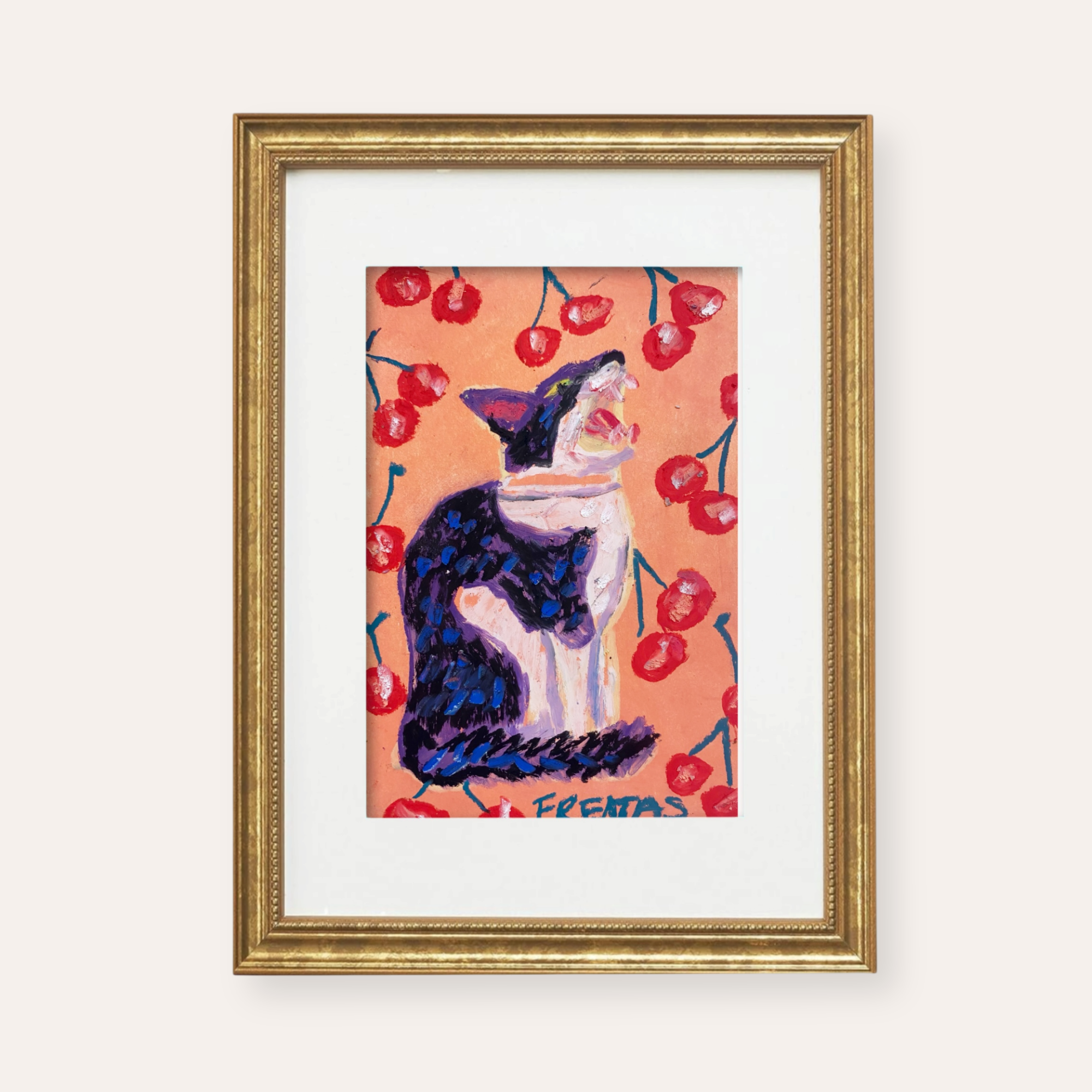 Cherry Bomb Cat ( Framed Original Oil Pastel Art )