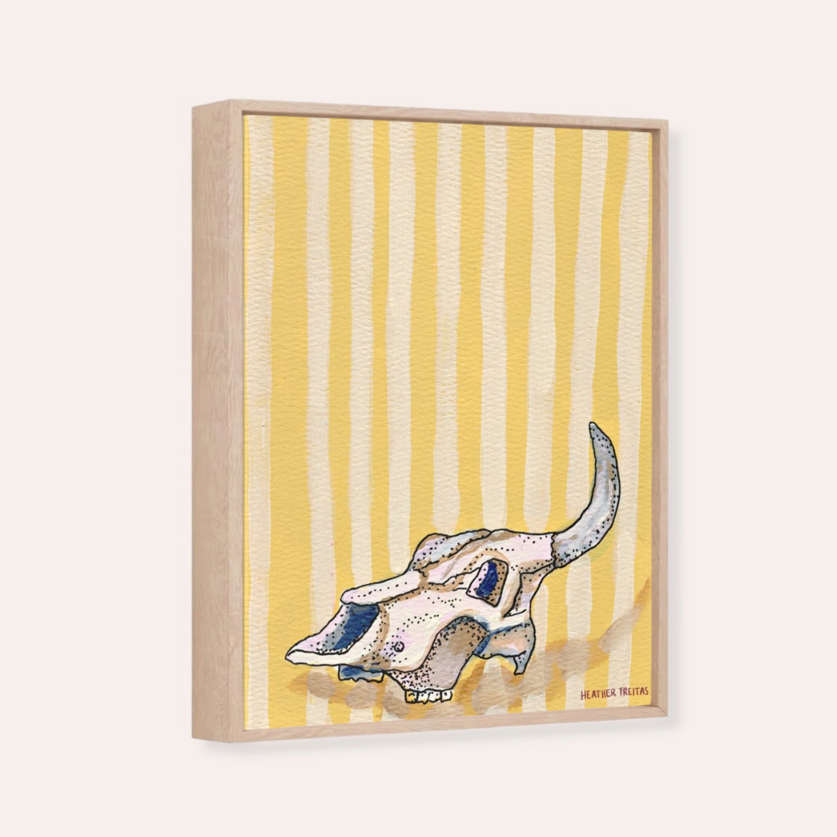 Yellow Stripe Cow Skull Framed Fine Art Canvas Print