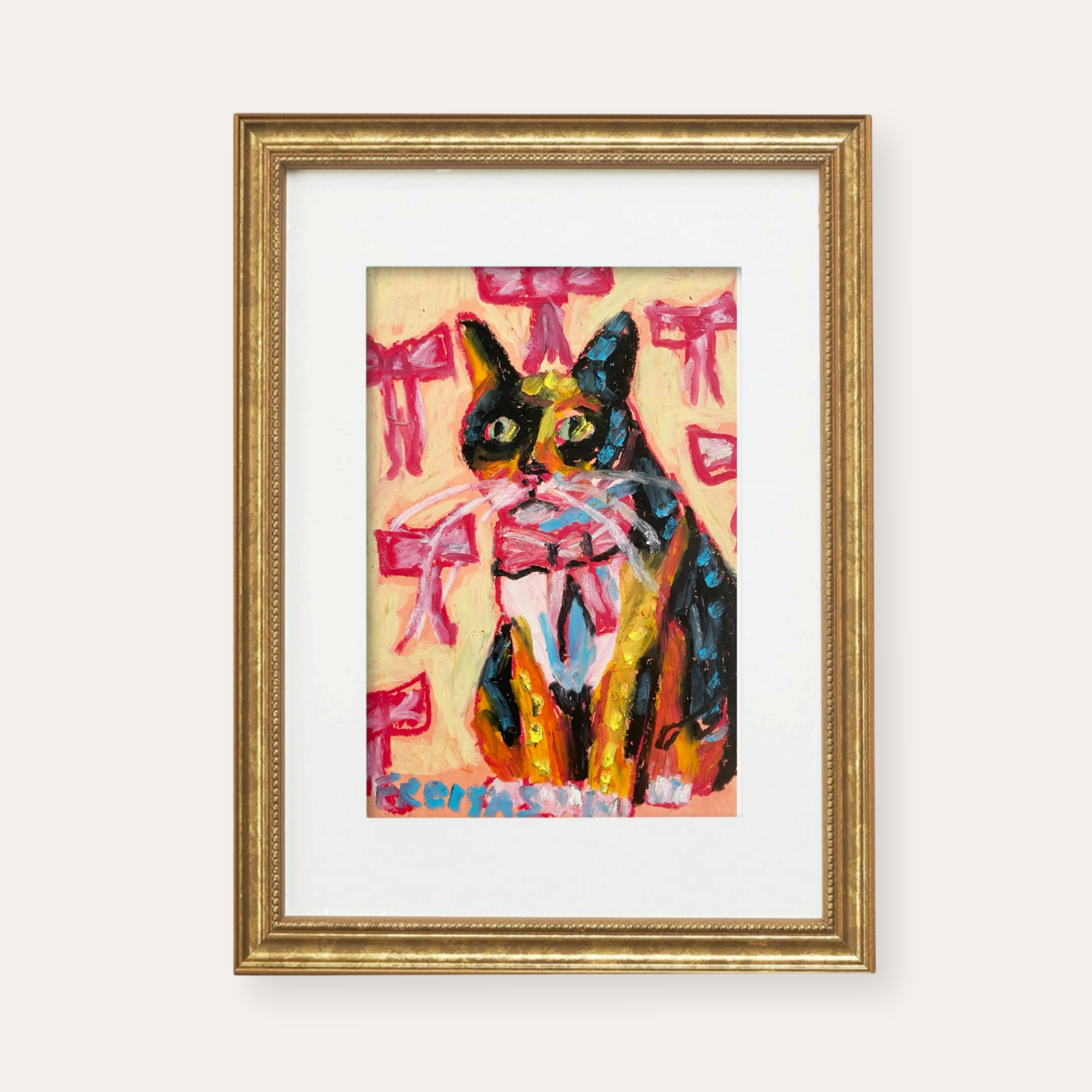 Calico Bow ( Framed Original Oil Pastel Art )