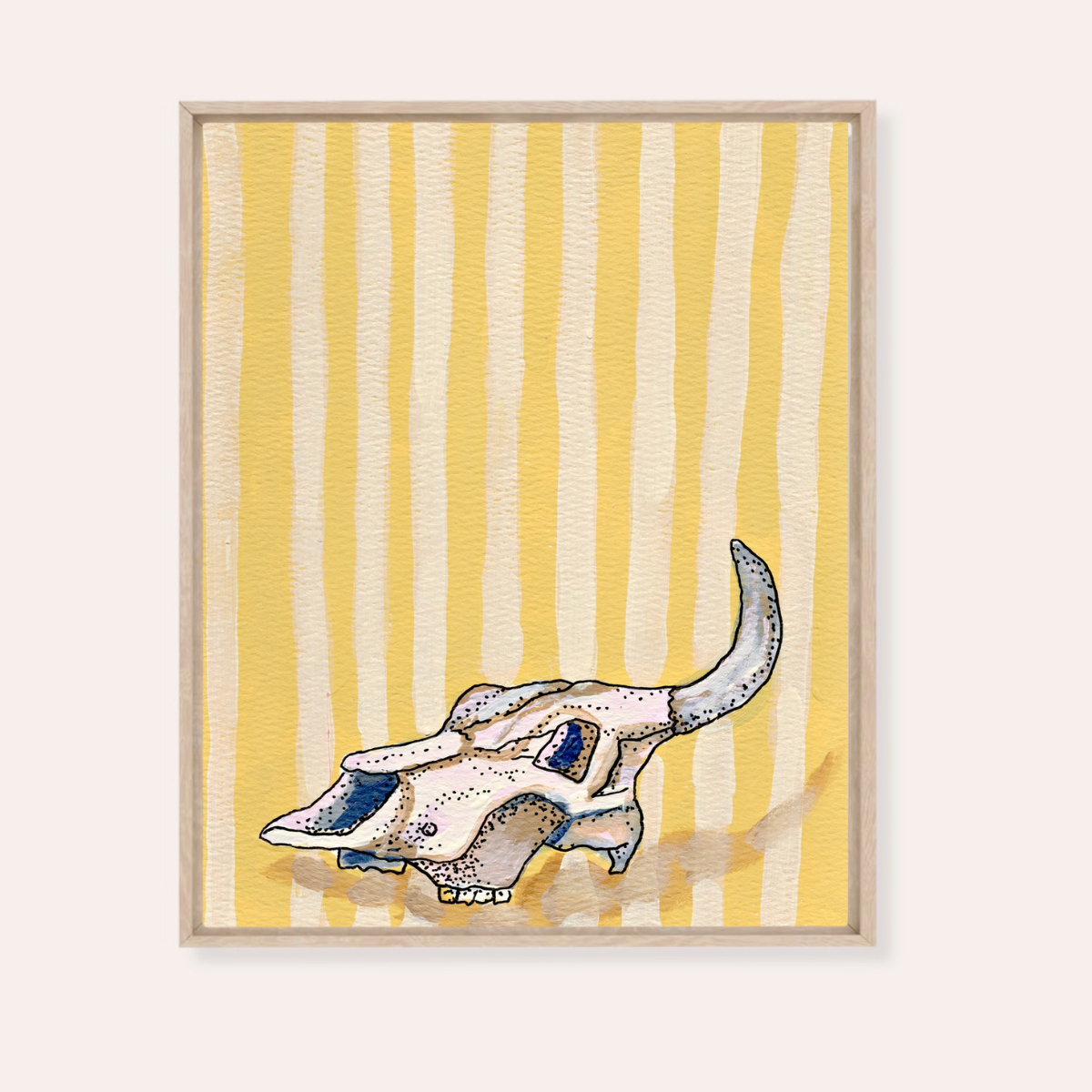 Yellow Stripe Cow Skull Framed Fine Art Canvas Print