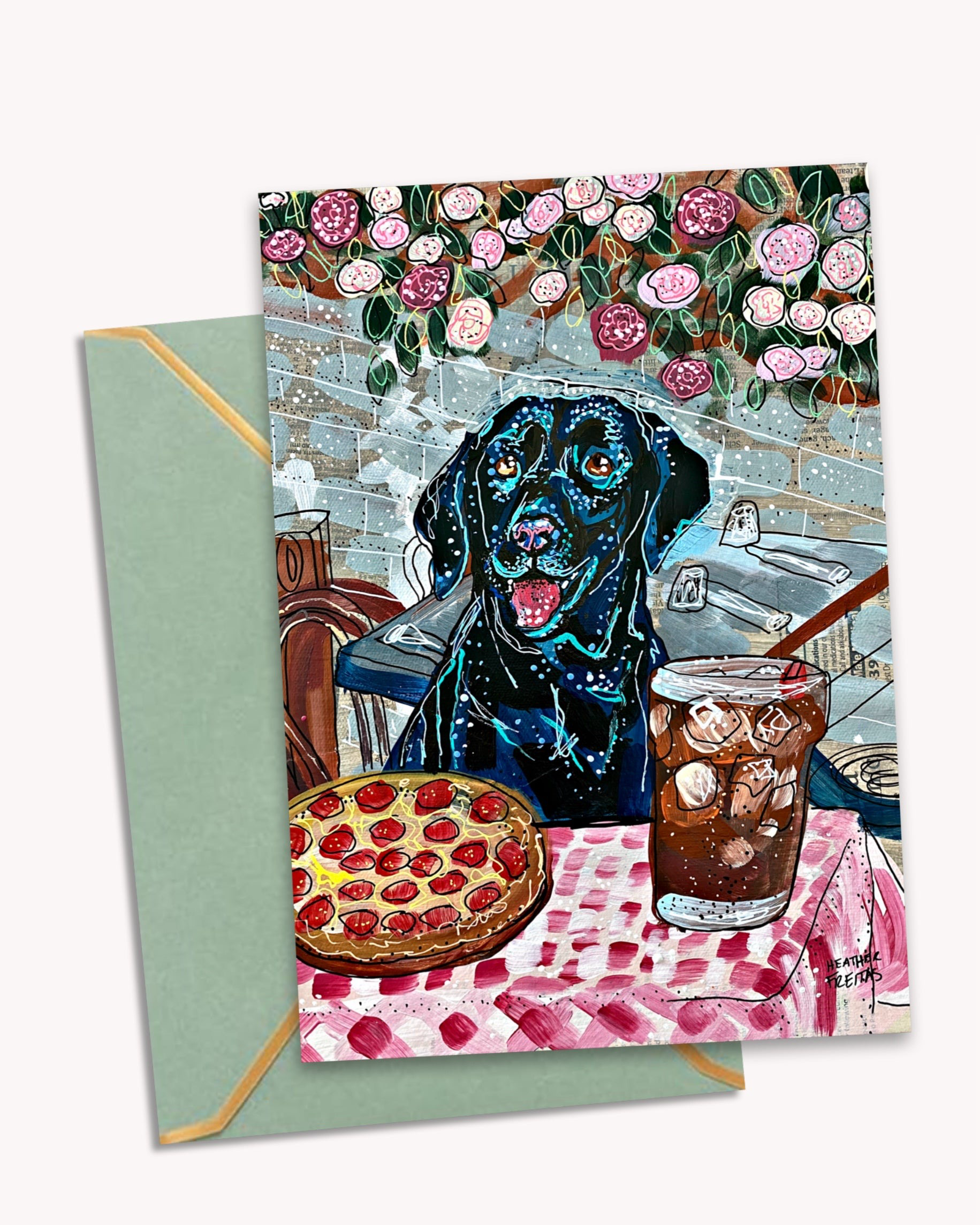 Black Labrador Dining - Greeting Card / Fine Art Print