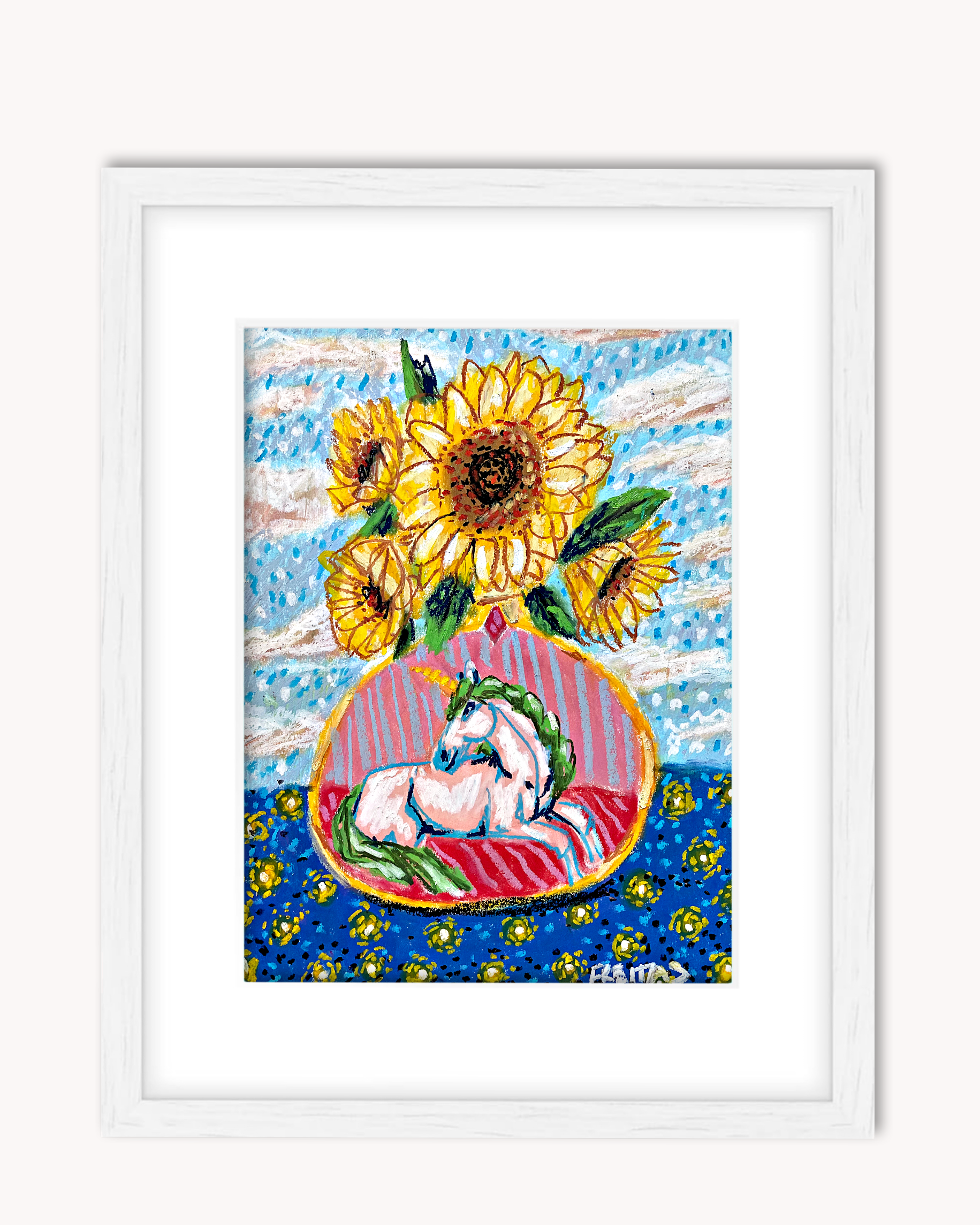 Daylight To Dusk Unicorn Vase ( Framed Original Oil Pastel Art )