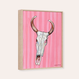 Pink Stripe Cow Skull Framed Fine Art Canvas Print