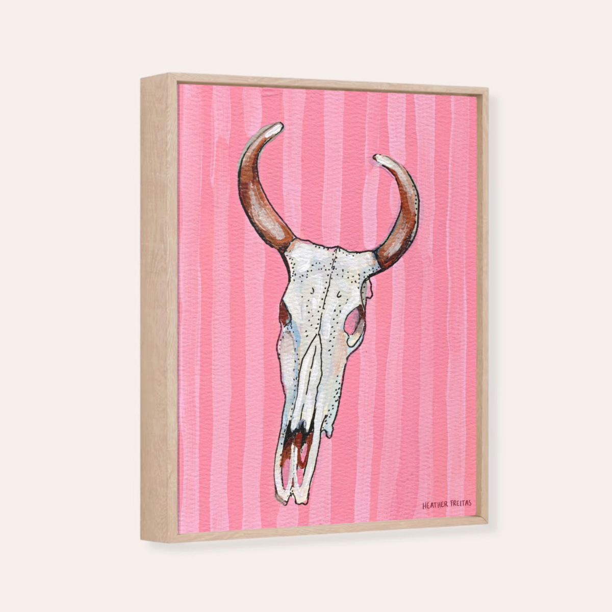 Pink Stripe Cow Skull Framed Fine Art Canvas Print