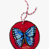 Festive Red & Desert Blue Butterfly - Hand Painted Ornament