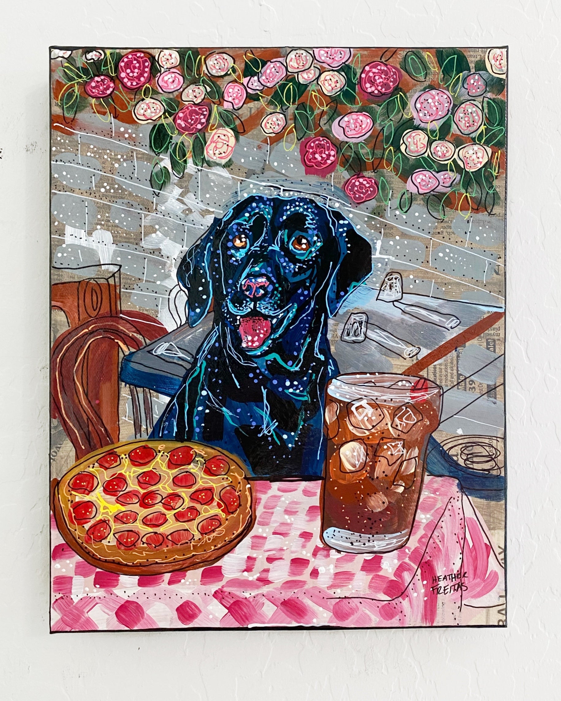Black Labrador At Pizza Restaurant ( Original Painting ) - Heather Freitas - fine art home deccor