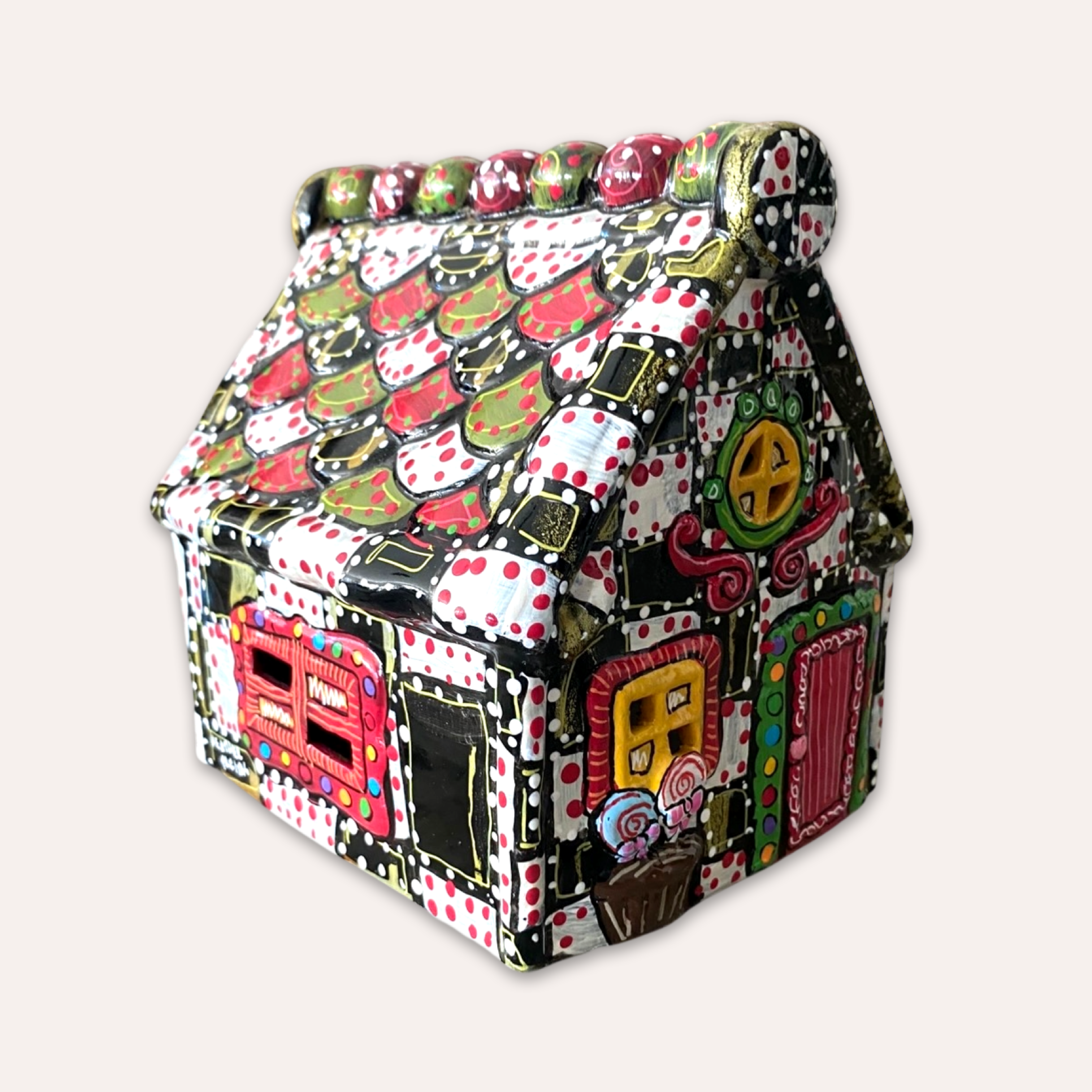 The Gingerbread House Black & White Hand Painted Ceramic LED Christmas Village House