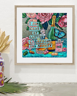Made Of Glitter, Champagne & Anxiety Framed & Mounted Print - Heather Freitas - fine art home deccor