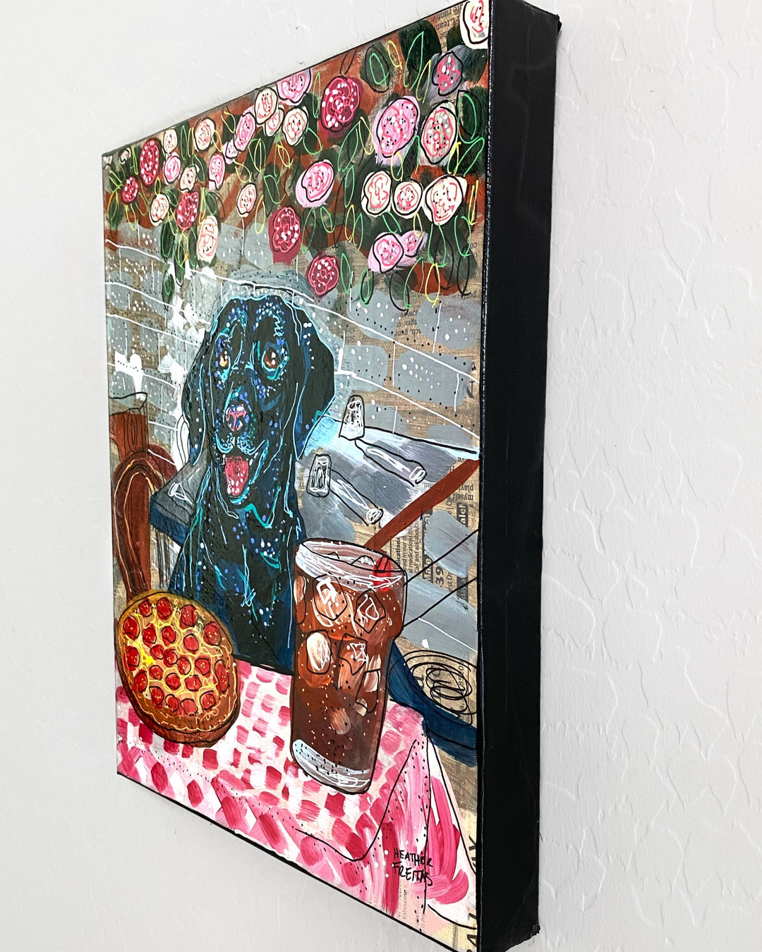 Black Labrador At Pizza Restaurant ( Original Painting ) - Heather Freitas - fine art home deccor