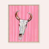 Pink Stripe Cow Skull Framed Fine Art Canvas Print